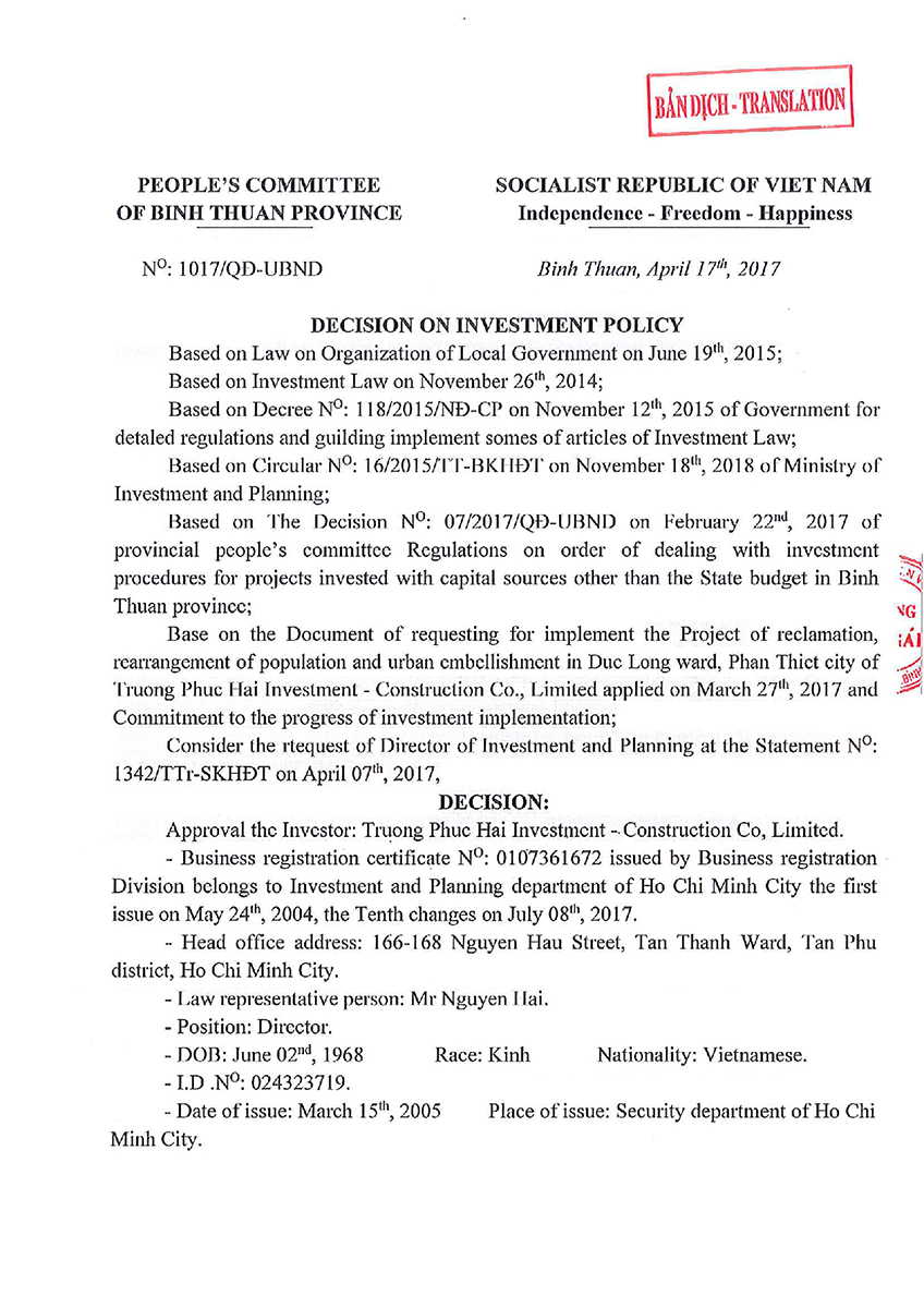 The Decision No 1017/QD-UBND